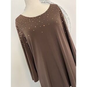 Susan Graver Top Womens Size M Brown  3/4 Sleeve Stretch Polyester Dot Print